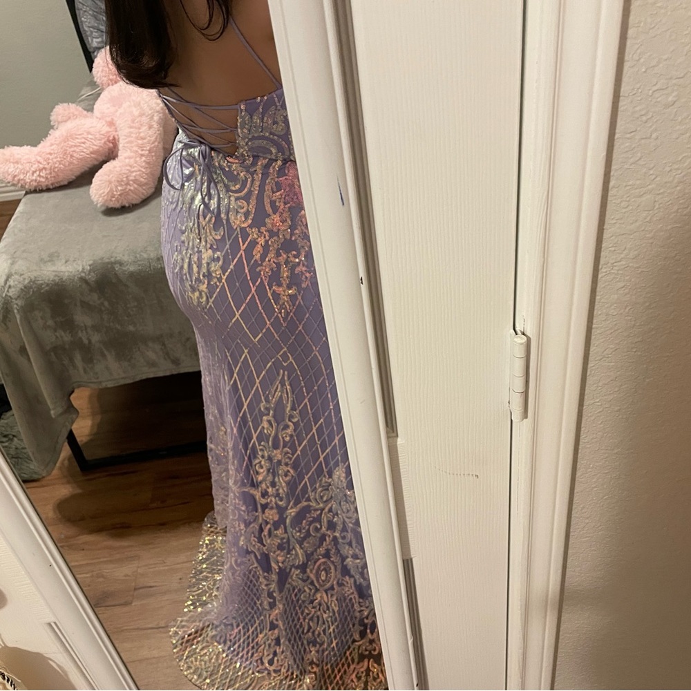 formal purple mermaid style sequin dress cross back low v small train dress - Picture 5 of 10